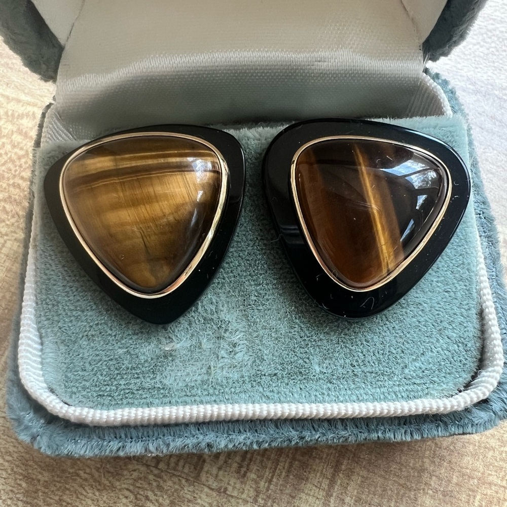 Vintage Peter Brams 14k Gold Tiger's Eye and Black Onyx Statement Earrings
